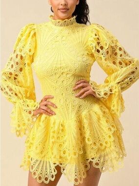 Sunshine Lace High-Neck Mini Dress - Women's Yellow Eyelet Dress